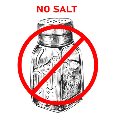 No salt. Food salting prohibition sign. Saltcellar sketch. Glass jar with salty taste seasoning. Forbiddance circle crossed sign. Sodium free. Spice stop added. Vector heathy diet stickerのイラスト素材