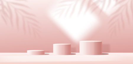 Pink stages. Tropical leaves shadow, minimal studio stand background, palm leaf, cosmetic podium. Product beauty box, horizontal banner, table or stage. Vector abstract minimal designのイラスト素材