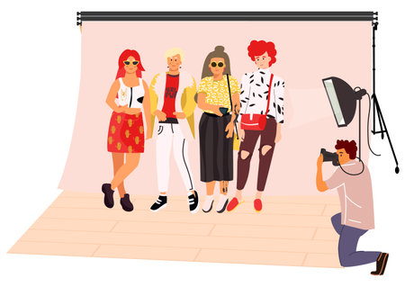 Photographers and fashion models. Photo studio. Photography shooting. Cameraman making snapshots. Fashionable women posing in casual outfits. Standing stylish girls. Vector illustrationのイラスト素材