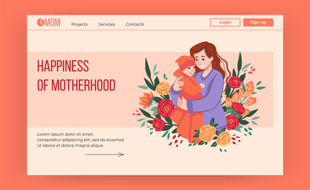 Happy mother website. Young mom hugs daughter. Parent love concept, women and little girl, motherhood banner. Cartoon people and flowers bouquet. Landing page template. Vector illustrationのイラスト素材