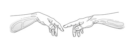Michelangelo Adam creation. God hands drawing. Creative line art. Man touch idea. Human arms. Religious Sistine fresco. Renaissance monochrome comic sketch. Vector illustration conceptのイラスト素材