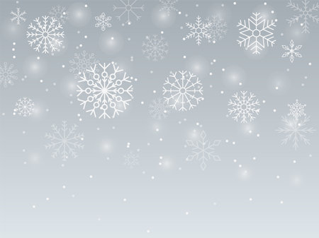 Falling snowflakes, cold winter background. Ice xmas snowfall, white season weather, light holiday decorations. Crystal geometric elements, frost texture, banner and poster. Vector patternのイラスト素材