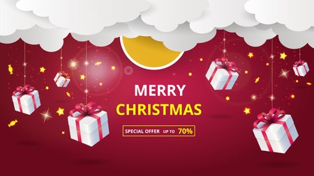 Christmas sale banner, 3d gifts, sun and clouds. Red merry xmas promotion, winter new year holiday frame, star and glitter in sky. Horizontal poster template. Vector design backgroundのイラスト素材