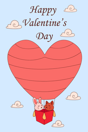 Animals flying in hot air balloon. Valentines Day. Greeting card design. Happy cat and rabbit characters with red heart. Cute sky clouds. Romantic holiday adventure. Vector illustrationのイラスト素材