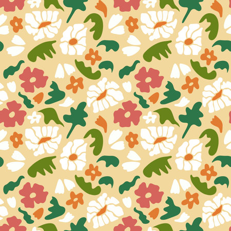 Floral pattern, bright geometric flowers. Color nature in matisse style collage, simple modern art. Decor textile, wrapping paper, wallpaper design. Summer print. Vector seamless backgroundのイラスト素材