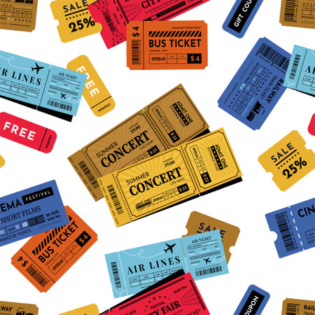 Concert and theatre ticket pattern. Performance coupon. Vintage soccer label. Retro website...