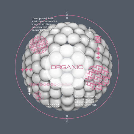 3D white spheres. Molecule particle. Micro medical object. Organic bubbles. Atomic structure. Chemical scientific research. Atoms connection. Geometric shape. Vector abstract backgroundのイラスト素材