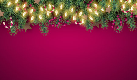 Holiday garland border, branch frame. Green for festive decor, winter new year advent, elegant christmas decoration, banner background, spruce tree, berry and light bulbs. Vector illustrationのイラスト素材