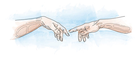 Michelangelo god hand, adam creation. Sistine chapel, renaissance touch, bible scene. Religious story. Watercolor and line drawing. Human arms and finger gesture. Vector art backgroundのイラスト素材
