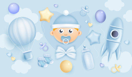Baby shower. 3D boy birthday background. Baby birth party. Blue invitation design with rocket and air balloon. Newborn toddler face. Kids toys and bottle. Vector realistic cute bannerのイラスト素材