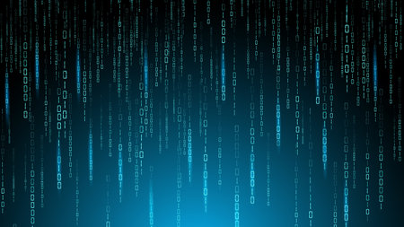 Matrix binary code. Digits encryption. One and zero numbers. Random falling data. Malware technology. Software encode. Digital program backdrop. Cyber algorithm. Vector design backgroundのイラスト素材