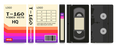 Movie cassette label. Beta box. 1980s old design camera technology. Black layout. Music recorder....
