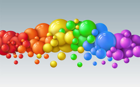 Rainbow birthday spheres, glossy balls background. Dynamic flying children bubbles, liquid plastic floating art. Horizontal line composition. 3d isolated balloons. Vector abstract conceptのイラスト素材