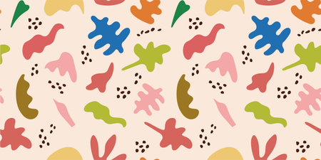 Abstract Matisse pattern. Tropical foliage. Scandi shapes and dots. Modern Scandinavian leaves. Collage print. Irregular figures. Childish drawing background. Vector seamless illustrationのイラスト素材
