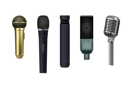3D karaoke microphone. Realistic mic. Sing in music studio. Live media sound. Speech voice volume equipment. Old black audio object. Stereo devices set. Vector isolated illustrationのイラスト素材