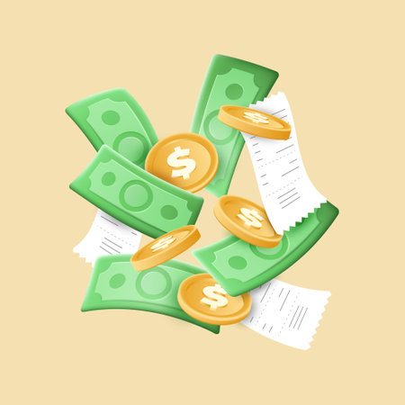 3d money render, blank bills. Yellow coins, paper dollar and checks, sale banner, financial signs. Financial composition creative concept. Business investment. Vector cartoon illustrationのイラスト素材