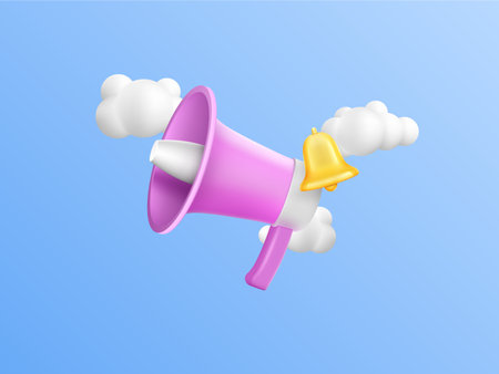 3D notification. Hiring speaker work. Loudspeaker and bell. Newsletter attention. News sign. Megaphone and clouds. Promotion microphone. Announcement banner. Vector cartoon illustrationのイラスト素材