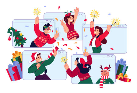 Virtual Christmas party. Friends celebrate holiday. Online call. Group video conference. Digital New Year celebration. Confetti cracker and Bengal lights. Vector illustration conceptのイラスト素材