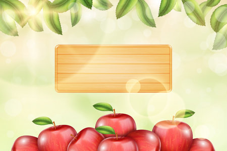 Apple fruit background, red pile with leaves. Delicious glitter ad template, forest plants, natural outdoor wood plate. Juice label, ripe fresh food. Copy space. Vector 3d isolated elementsのイラスト素材