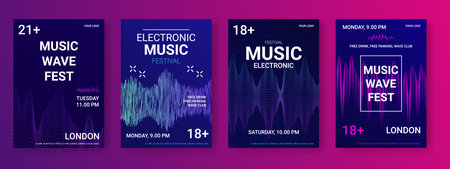 Electronic music festival. Future posters. Electro wave equalizer. Musical frequency soundwave. Minimal banner with 3D technology. Invitation flyers design set. Vector abstract layoutのイラスト素材
