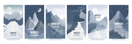 Holiday winter landscape, abstract vertical posters. Minimalist blue bright scene, cold and snow template. Social media posts, falling snow, cold season. Vector flat background setのイラスト素材