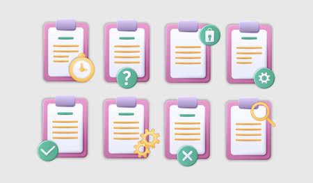 3d check and download document icons. Search paper mark plus presentation. Clipboard with pages. Completed file upload. Report sheets. Realistic pictograms. Vector illustration setのイラスト素材