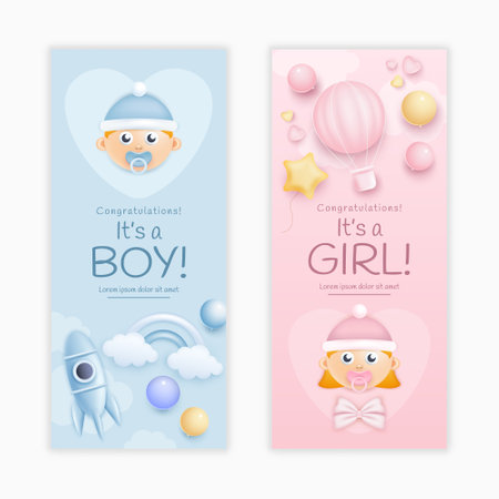 Baby shower cards for girl or boy birth. Birthday invitation with 3D balloons and rockets. Party announcement posters set. Toddlers faces. Newborn children celebration. Vector backgroundsのイラスト素材