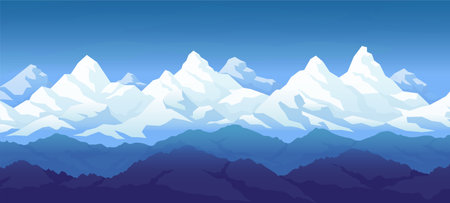 Snow mountains range, rocky silhouette. Peak landscape, climbing in ice, winter hiking shapes. High snowy blue peaks, ski adventure, horizontal banner. Vector panorama backgroundのイラスト素材