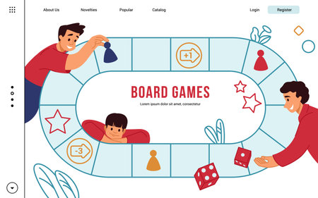 Family game board, playing landing page. Business people fun, happy man hand team, success education. Happy people with dice and chips. Vector cartoon flat illustration banner templateのイラスト素材