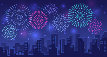 New year festive fireworks, anniversary celebrate. Glowing carnival lights. Display of happy city night, stars in sky, carnival season. Illuminated background. Urban landscape vector illustrationのイラスト素材