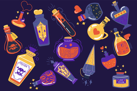 Magic potions. Alchemy drink. Love beverage. Toxic poison. Glass bottle. Fantasy chemistry. Witch laboratory. Substance phial. Witchcraft liquid spell pot. Vector magical elixirs setのイラスト素材
