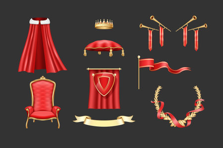 3D king insignia. Royal crown on pillow. Medieval flag. Royalty chair. Velvet cloak. Laurel wreath. Queen throne. Blazon shield. Golden trumpet. Vector realistic emperor symbols setのイラスト素材