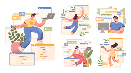 PC work. Computer programmer character. People in internet industry creating website. Programming language. Developers laptop screen window. Backend java coders set. Vector illustrationsのイラスト素材