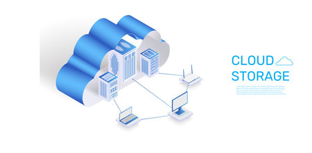 Cloud storage. Computer business technology landing. Digital data processing. Isometric servers connected with laptop and web router. Network hosting. Vector internet website designのイラスト素材