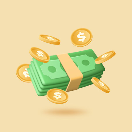 3d money icons, dollars and colden coins, 3d elements. Flying cash. Payment by stack of coins, economy sign, financial market objects. Profit and lottery win. Vector realistic render conceptのイラスト素材