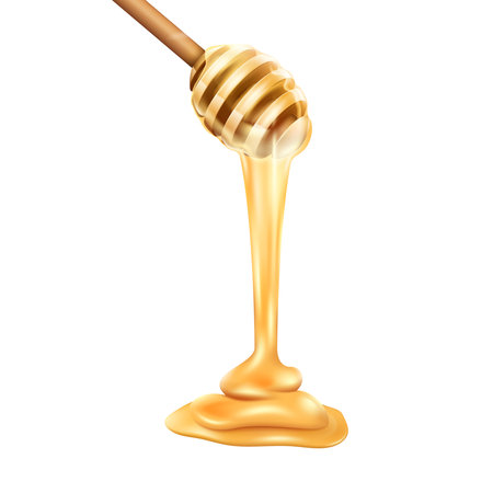 Honey drop, wood drip, gold syrup. Liquid golden orange food, healthy wood spoon stick, fresh natural dessert. Liquid dripping. Cooking ingredient 3d element. Vector realistic illustrationのイラスト素材