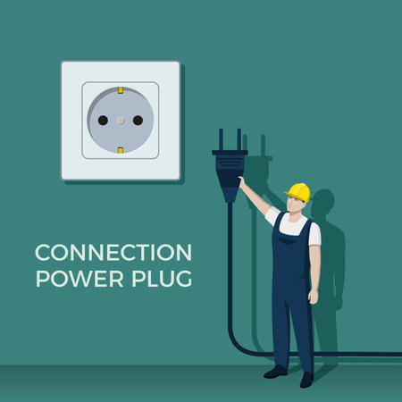 Electricity plug connection. Unplugged wire. Light socket. Electrician repair work. Energy connect. Electric power disconnect. Maintenance supply. Workman in uniform. Vector design conceptのイラスト素材