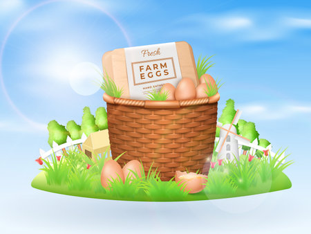 3d farm eggs, fresh chicken products composition on land. Happy morning basket for breakfast, realistic organic eggshell. Fresh poultry farm natural product. Vector promo templateのイラスト素材