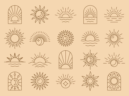 Sun boho icon. Bohemian minimal golden rays, minimalist moon in sky, celestial beams, summer sunburst logotype collection. Abstract contour vector creative monochrome design illustration setのイラスト素材