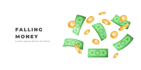 3d falling money, dollar background. Flying cash, golden coins, stack of green banknotes, gold treasures sale, bank symbols. Web banner template. Landing page. Vector realistic illustrationのイラスト素材