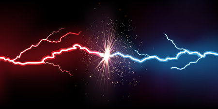 Electric lightning collision. VS battle effect. Flash light. Thunderbolts clash. Thunder burst with sparks. Fight power. Sport game competition blank banner. Vector background conceptのイラスト素材