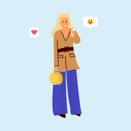 Woman hold smartphone. People using phone collection. Internet communication. Web messenger signs. Young modern character. Network conversation. Online discussion. Vector illustrationのイラスト素材