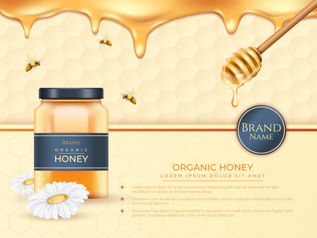Honey jar, bee honeycomb banner. 3d product packaging ad, bottle blank label, pure organic food. Natural dessert advertising poster. Liquid smudges background. Vector realistic designのイラスト素材