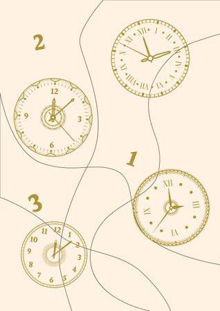 Clock face. Watch dials. Line and numbers. Silhouette timepieces. Time management. Hours and minutes measurement. Aged timers background. Counting arrow pointers. Vector illustration cardのイラスト素材