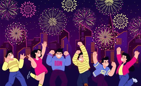 People celebrate, city fireworks festival outdoors party. Crowd at night sky watch from building, persons look. Happy boys and girls jumping, funny young men and women. Vector cartoon bannerのイラスト素材