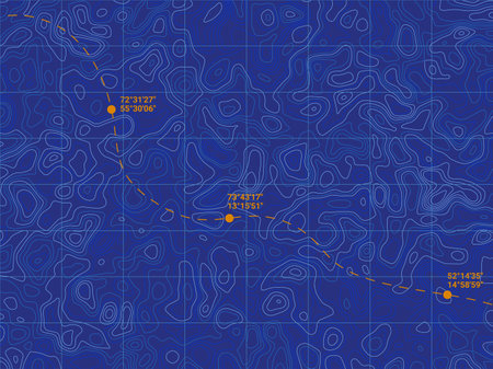 Sea bottom. Marine topography. Ocean navigation map. Underwater relief. Line route. Topographic water contour blue grid. Current texture. Navy depth territory. Vector pattern backgroundのイラスト素材