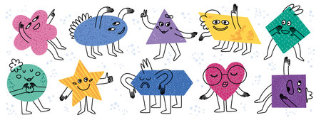 Abstract shape characters, funny faces. Doodle style geometric circle, hexagon and square education...