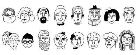 Doodle human faces, hand drawn man woman. Expression sketch people, young person portrait by pen. Social media user avatars. Hipster girl and boy. Vector line black and white illustrationのイラスト素材