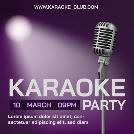 Karaoke party poster. Sing in microphone. Retro mic and spotlight. Singer performance. Music song. Live pop or rock event. Jazz band concert invitation. Vector illustration flyer designのイラスト素材