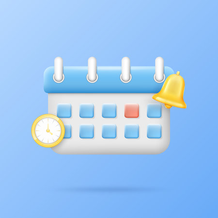 3D calendar icon. Event time schedule. Clock and notice bell. Date notification or reminder. Agenda planning. Alert object. Goals remember app. Month timetable. Vector illustrationのイラスト素材